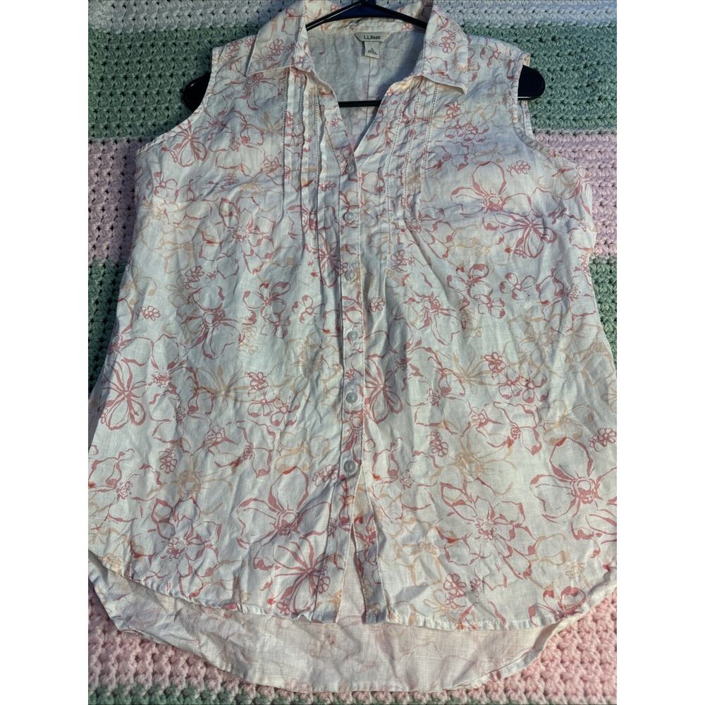 LL Bean 100% Linen Women’s Small Sleeveless Button Up White Floral Cottage Core